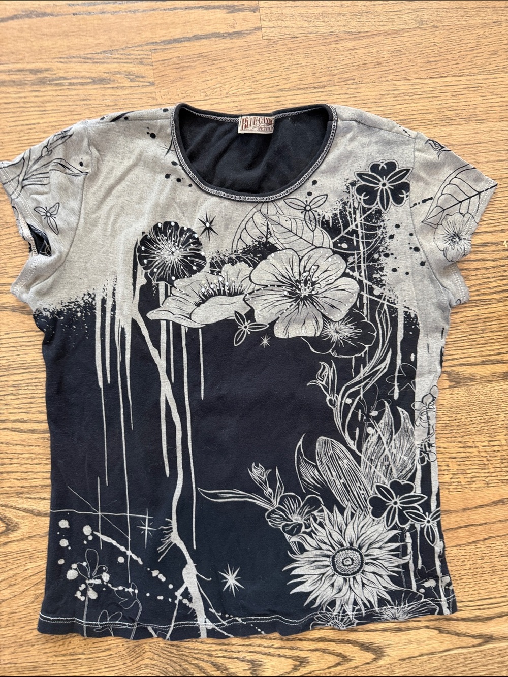 Women's Floral Graphic Short Sleeve Tee - Black & Gray with rhinestone detailing